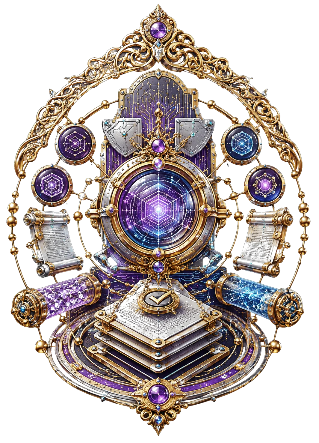 An abstract ornate verification artifact with a luminous code lens, proof ledgers, dependency orbits, and post-quantum lattice facets.