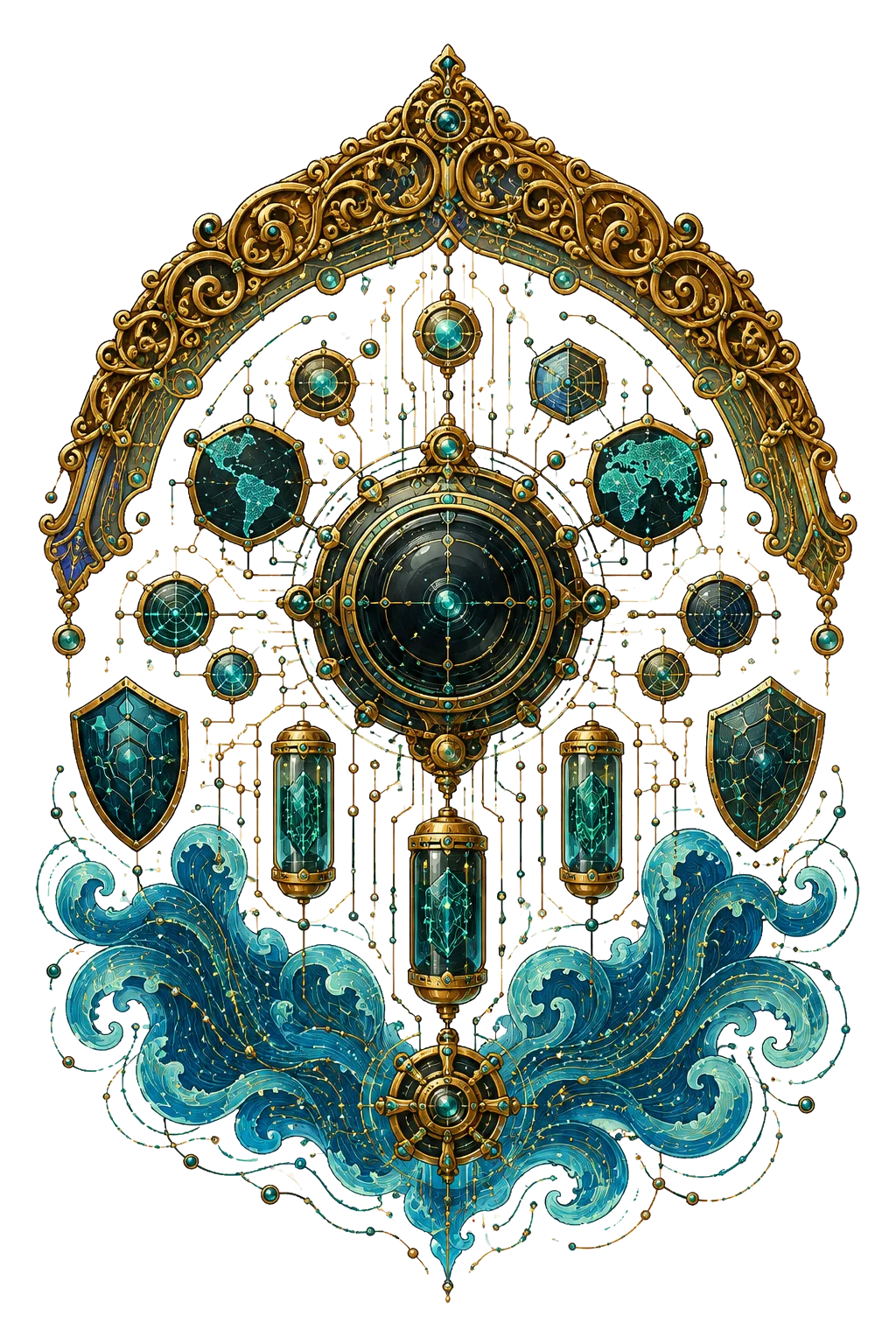 An abstract ornate observation artifact with a central sensor lens, asset maps, shields, evidence capsules, and flowing telemetry.