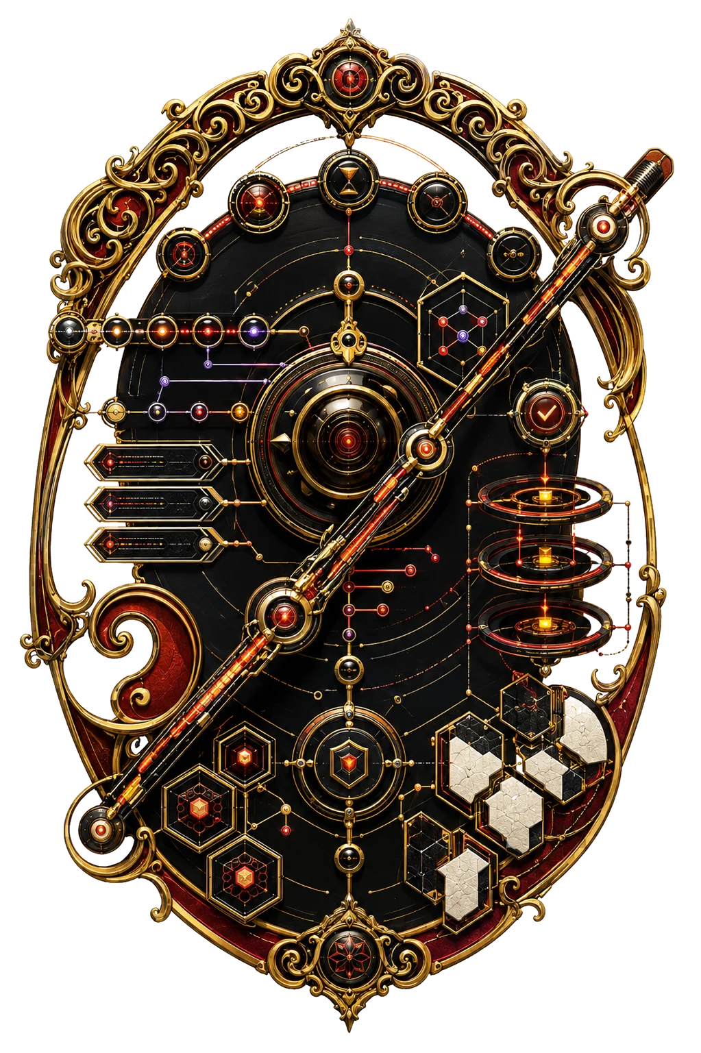 An abstract ornate authority engine with incident timelines, approval gates, rollback rings, response channels, and a command core.